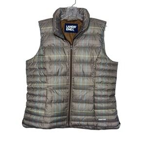 Lands' End Women's Down Filled Puffer Vest‎ Brown Plaid No Size Tag Measures XL